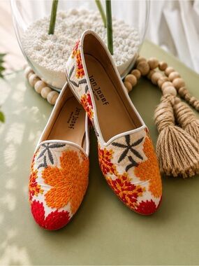 Women's Jon Josef Embroidered Flats – Made in Spain – Size 5.5 Multi Orange
